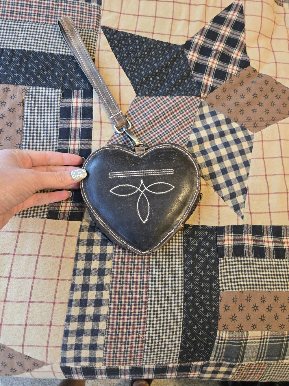 Heart-Shaped Genuine Leather Wristlet with Contrast Stitchin